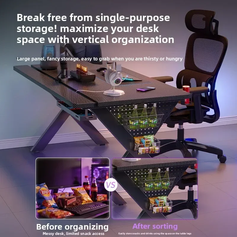 Durable Computer desk Solid wood two-section with hole board game e-sports table Carbon fiber pattern learning office desk