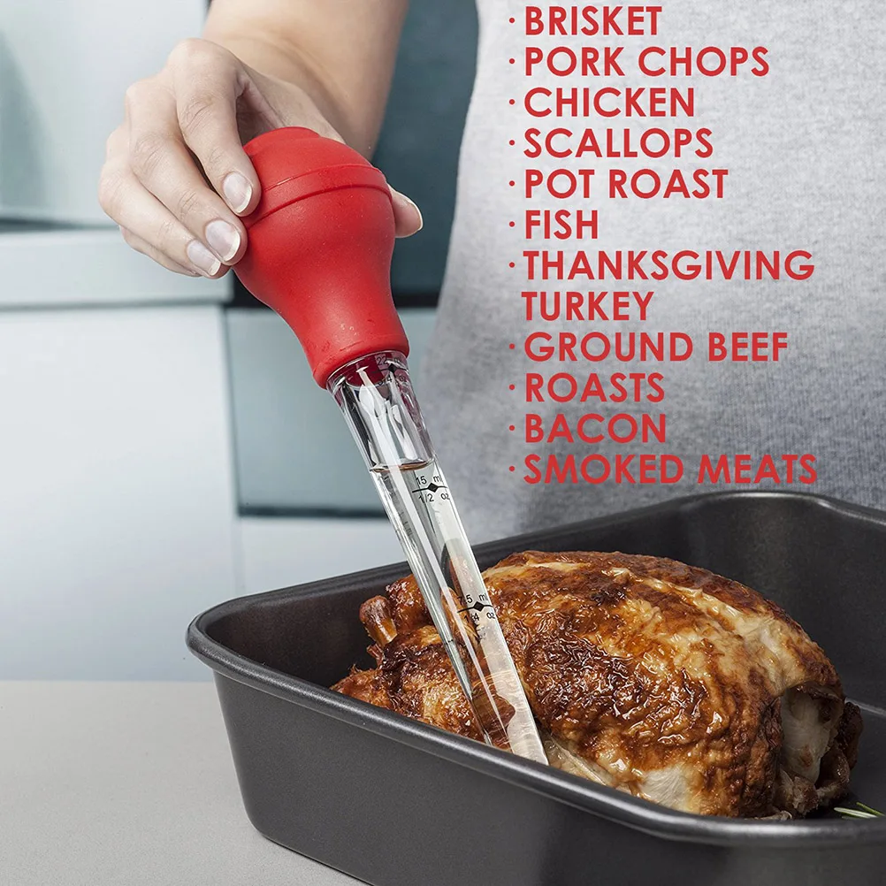 

Stainless Steel Silicone Turkey Baster Drip Oil Seasoning Tube BBQ Pump Needle Tool Easy Clean Brush Meat Juices