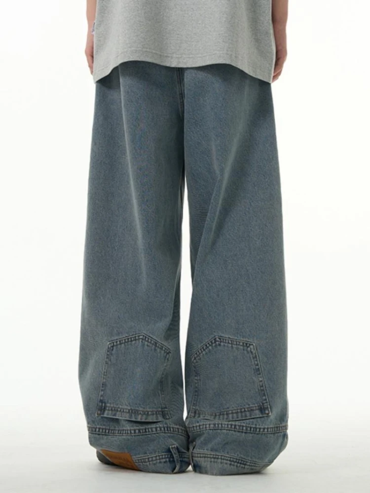 

Deeptown Blue Washed Vintage Women Jeans Reverse Pocket Wide Leg American Style Straight Denim Pants Baggy Hip Hop High Street
