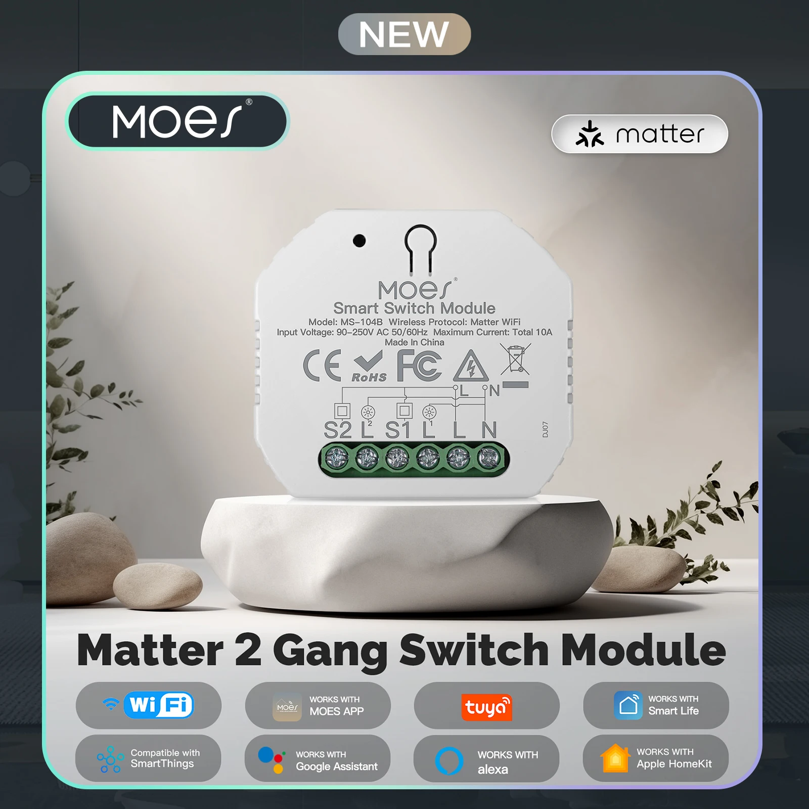 

MOES Matter WiFi 2-Gang Smart Switch Module, Universal Relay with Timer & App Voice Control for Alexa, Google Home, Apple
