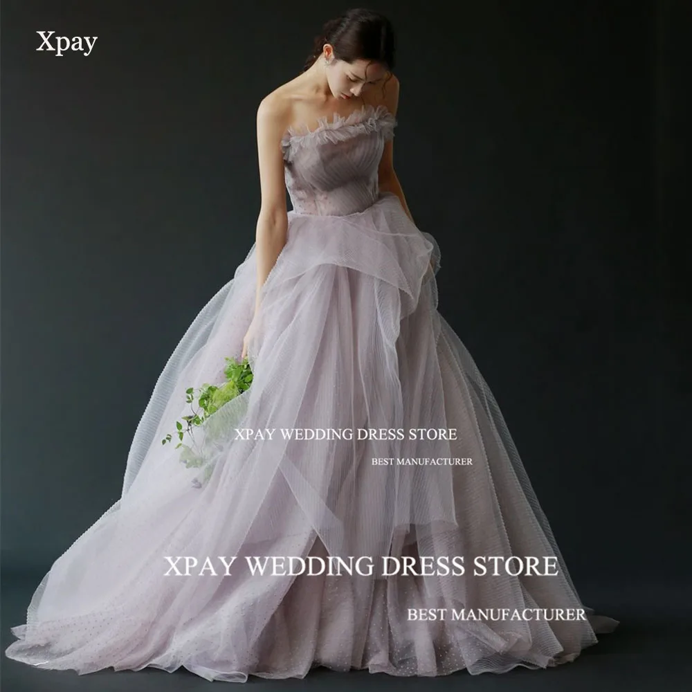 

XPAY Strapless Ruffles Fairy Korea Evening Dresses A Line Backless Sleeveless Formal Gown Photo Shoot Tiered Wedding Party Dress