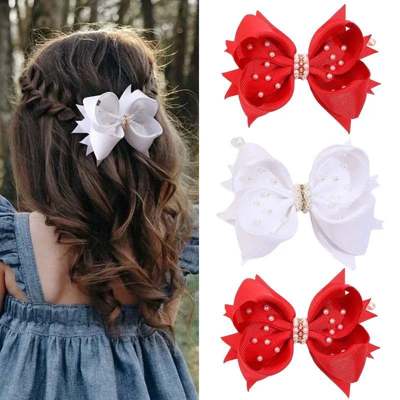 Oaoleer Fashion Pearl Hair Bow Clips For Girls Solid Ribbon Bowknot Hair Pins Hairgrips Kids Headwear Boutique Hair Accessories