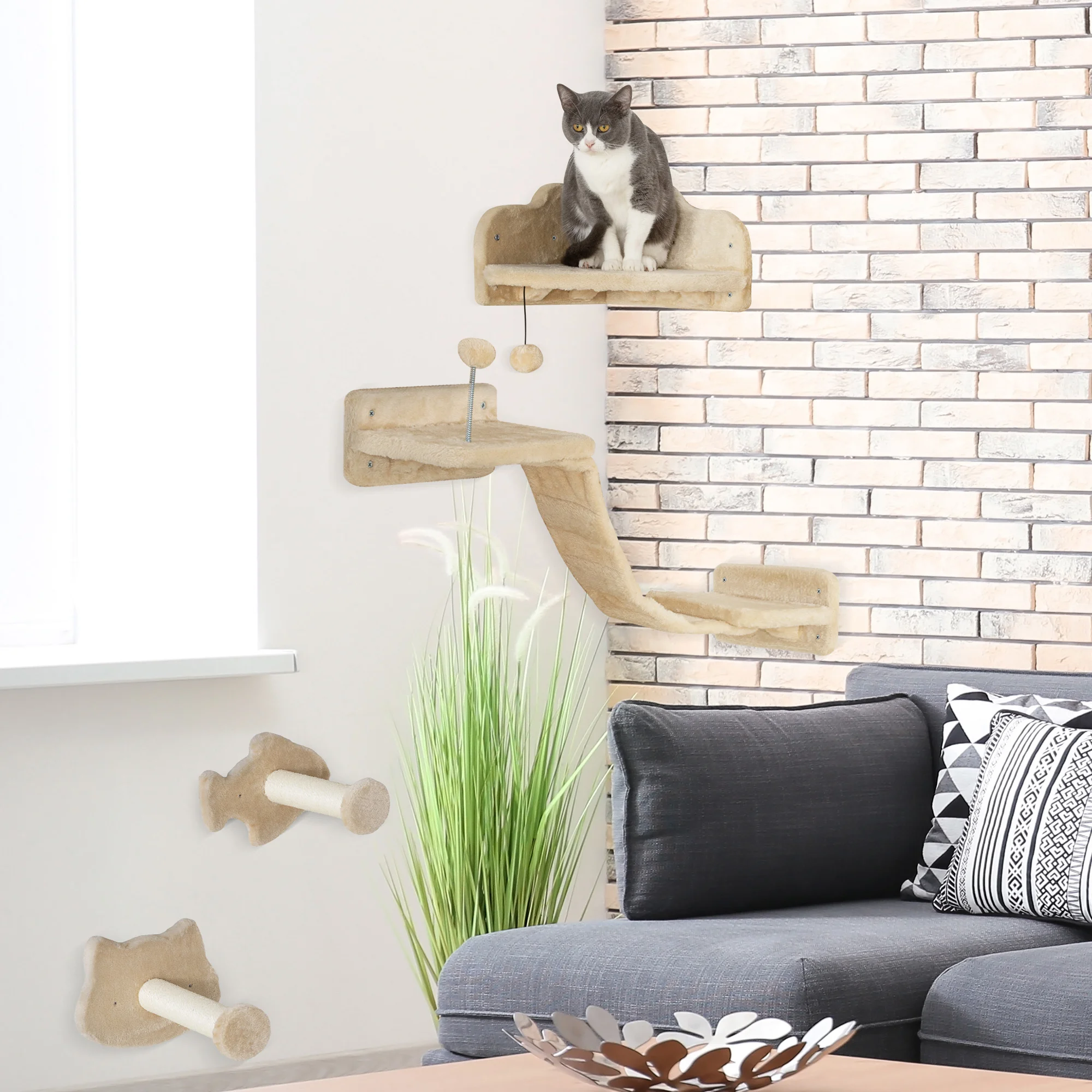 PawHut Juego de Estanterías para Gatos de 4 Piezas de Pared Beige