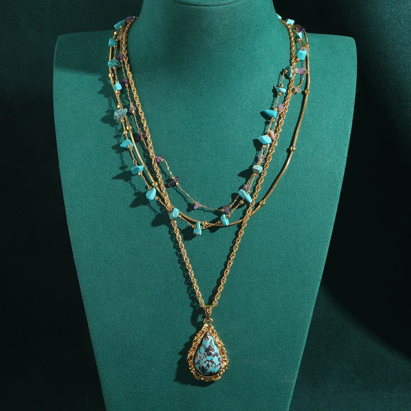 

Vintage Turquoise Jewelry Necklace Amethyst Gravel Layered Gold Color Chain Long Natural Stone Water Droplets Accessories New In