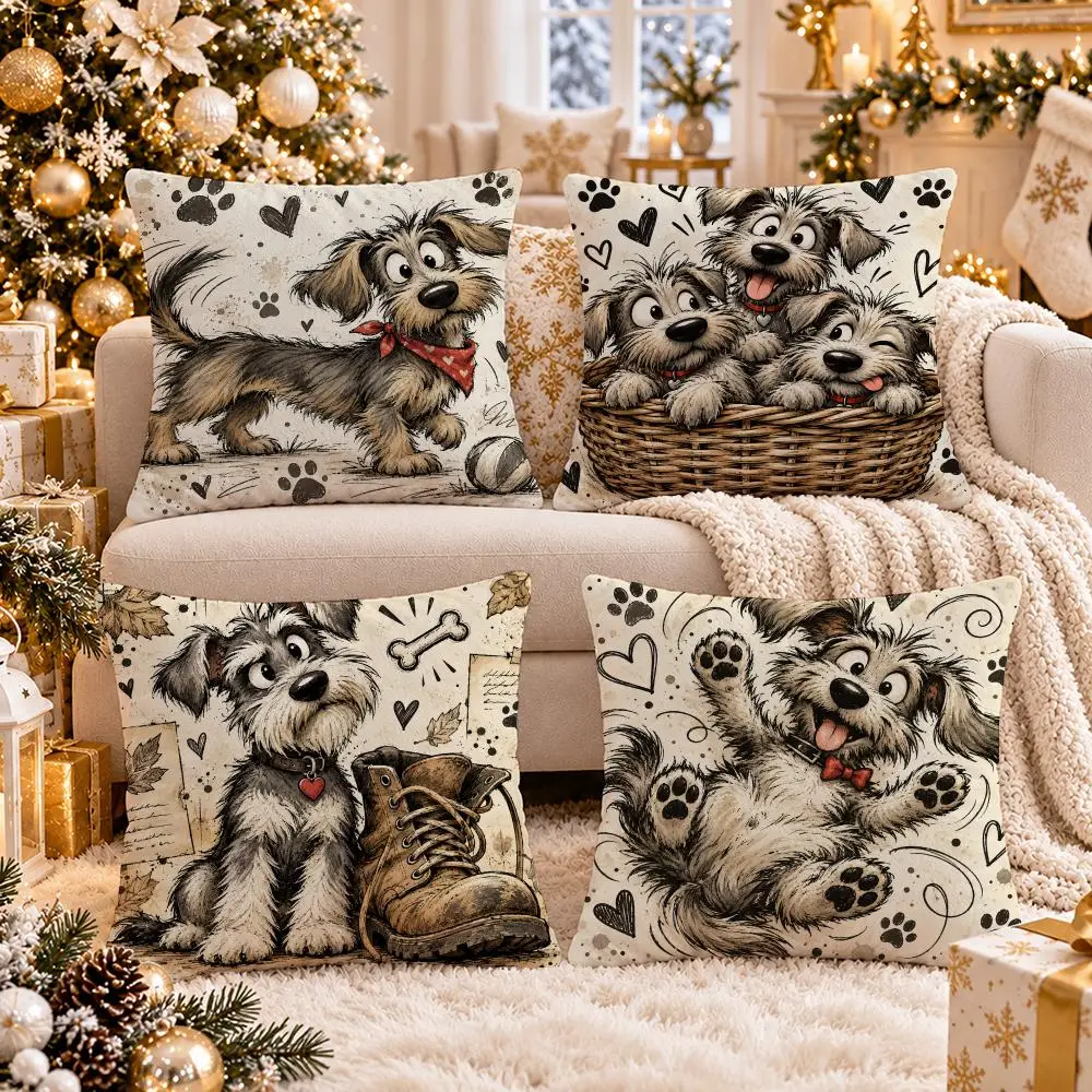Scruffy Dog Sketches Cushion Cover 1/4Pcs Soft Plush Cushion Case Throw Pillowcase Cozy Home Sofa Bed Living Room Decor