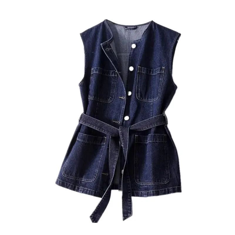 

2025 Autumn New Sleeveless Jacket Women Big Pocket Denim Vest Female Temperament Waist Slim Waistcoat Ladies Casual Coat W1026