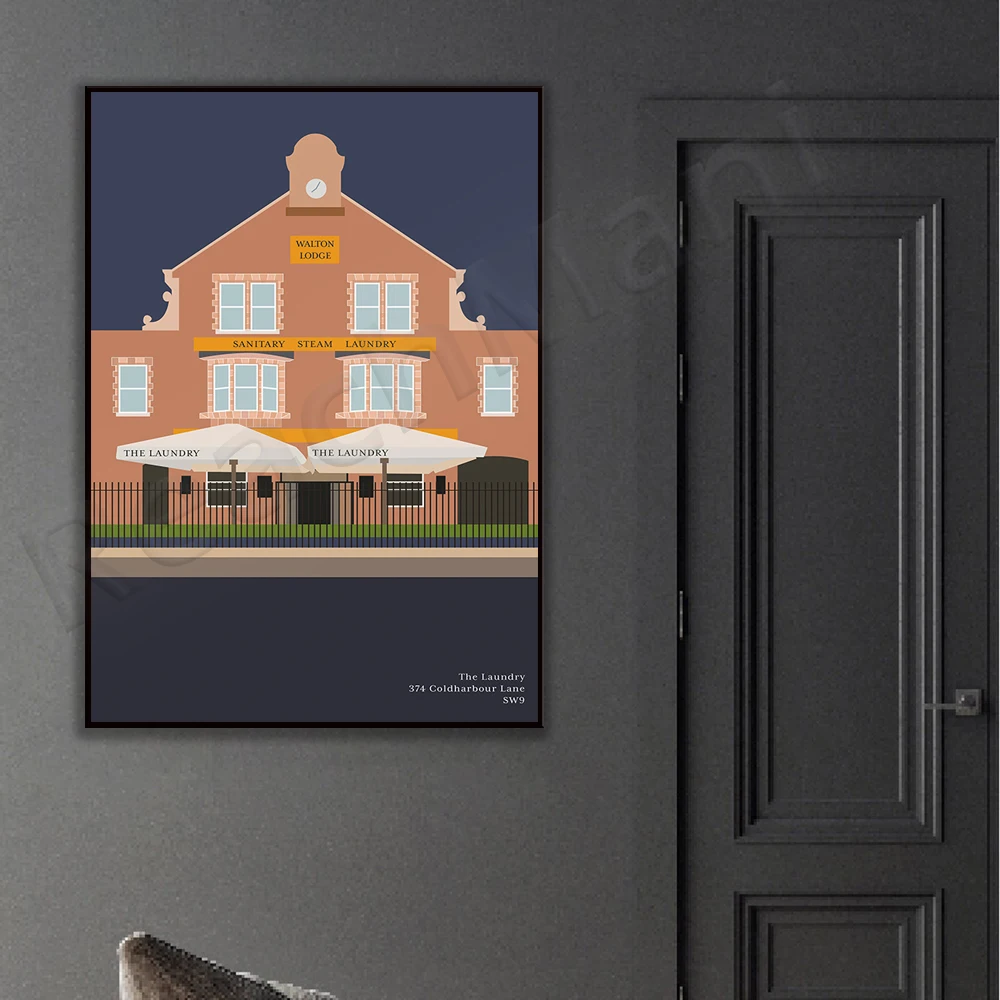 Illustration of Laundry Brixton Cafe Restaurant Bar in South London. Coldharbour Lane, Lambeth, SW9 Canvas Printed Poster