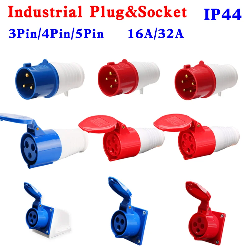 

Industrial Plug and Socket 5pin 3core 3P/4P/5P MALE FEMALE Electrical Connector 16A 32A Wall Mounted Socket 220V 380V 415V IP44