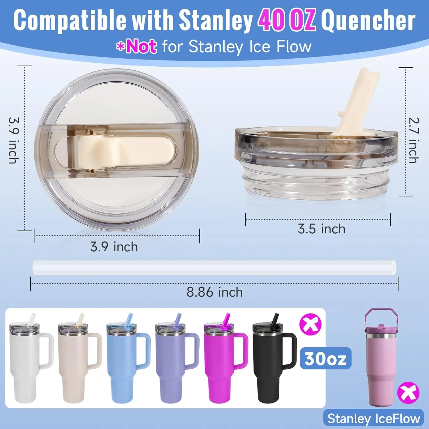 40oz Flip Straw Leak Proof Lid for Tumbler Lid Replacement for Stanley Cup Accessories Straw Cover Cleaning Brush with Straw