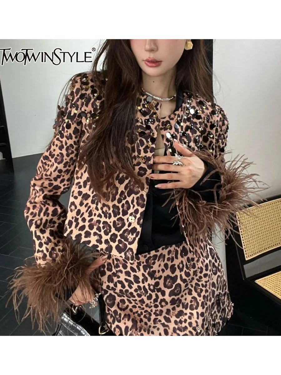 

TWOTWINSTYLE Leopard Print Two Piece Sets For Women O Neck Long Sleeve Patchwork Feather Coat Mini Skirt Sets Female Fashion New