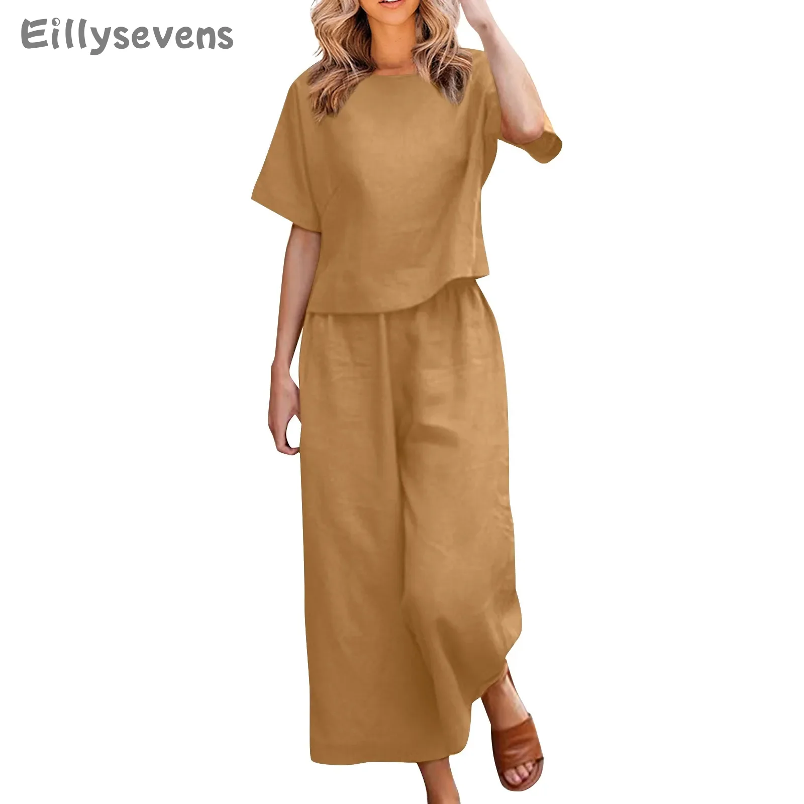 Women\'s Casual pant sets Fashion trousers And Short Sleeve Pullover top Round Neck Literary Retro Solid Color Split Suit traf