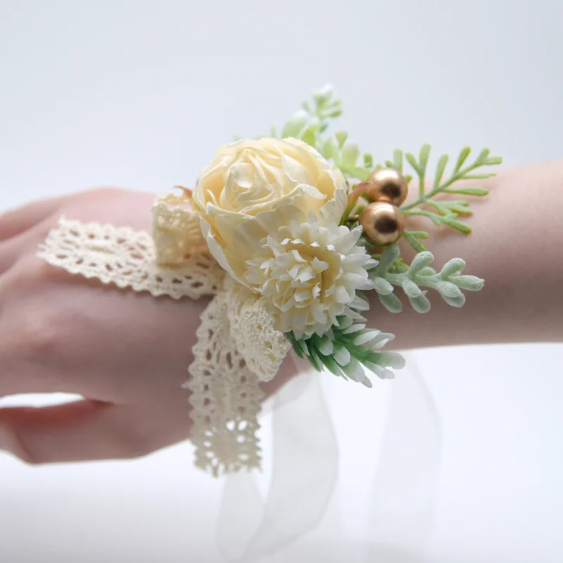 New Artifical Rose Flowers Lace Wedding Accessories Wrist Corsage Bridesmaid novia