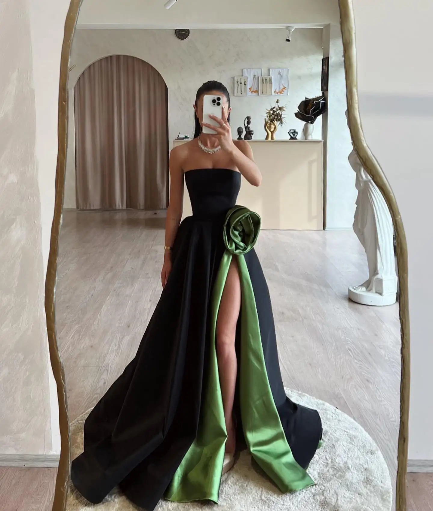 

Aenyrst Saudi Strapless Elegant Black Prom Dress Women Green Floral Party Evening Dresses Floor Length Special Occasion Gowns