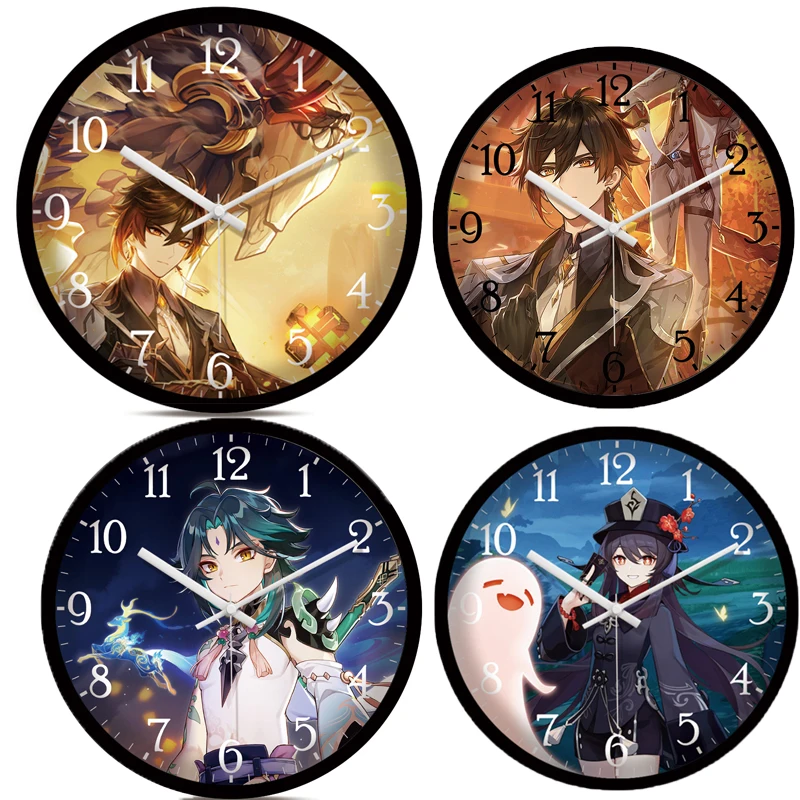 Game Genshin Impact Zhongli Xiao Klee Venti Wall Clock Fashion Anime Cos Style For Living Room Bedroom Office Silent Time Props