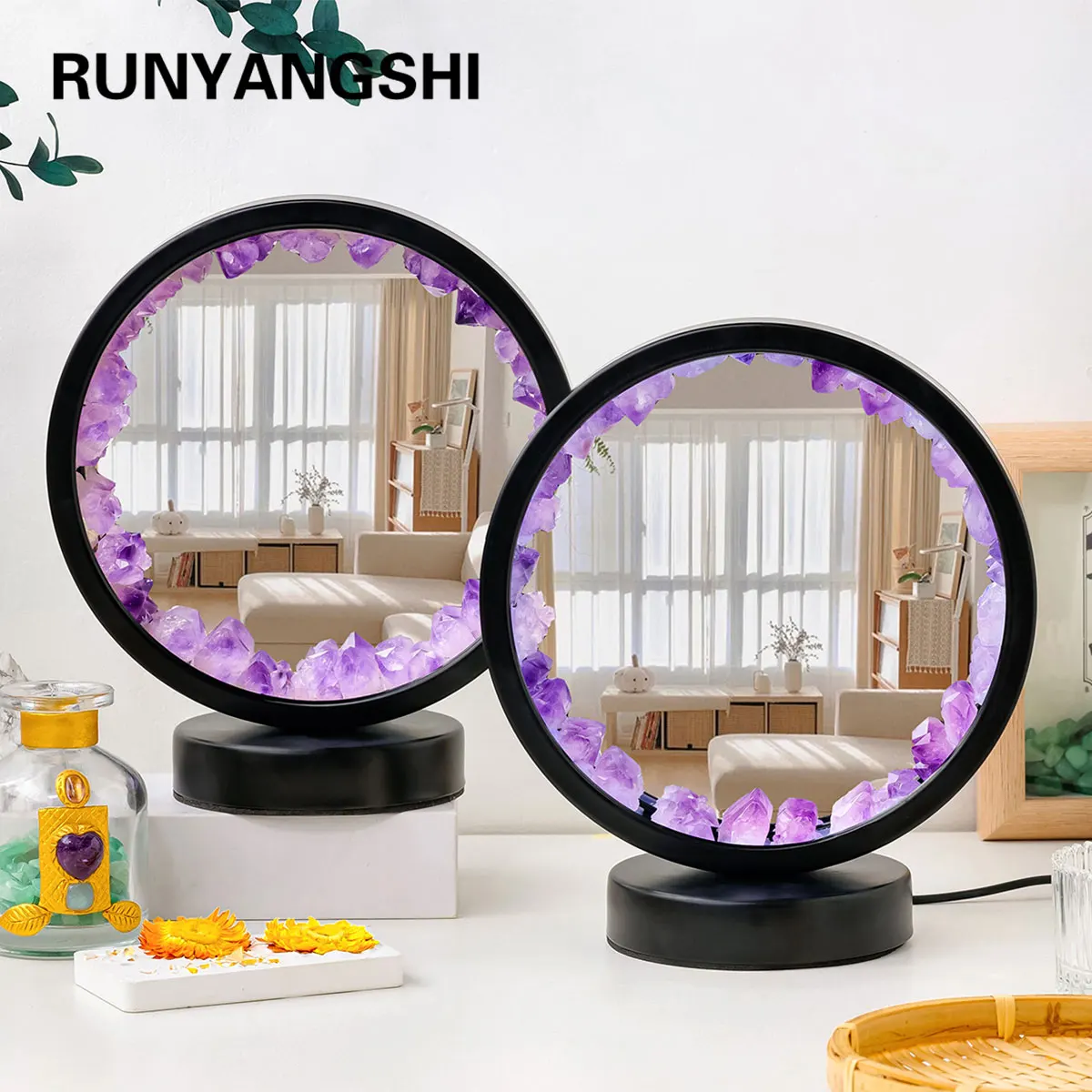 1pc Natural Crystal Circular Mirror Night Bedside Lamp Rechargeable Natural Quartz Stone Amethyst Atmosphere Light Bedroom Deco