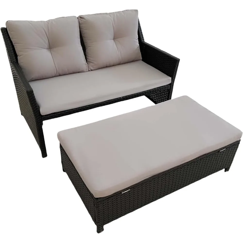 

2 Piece Patio Sofa, Outdoor Patio Loveseat with Built-in Storage Bin, Wicker Couch with Coffee Table, for Balcony,Porch,Pool