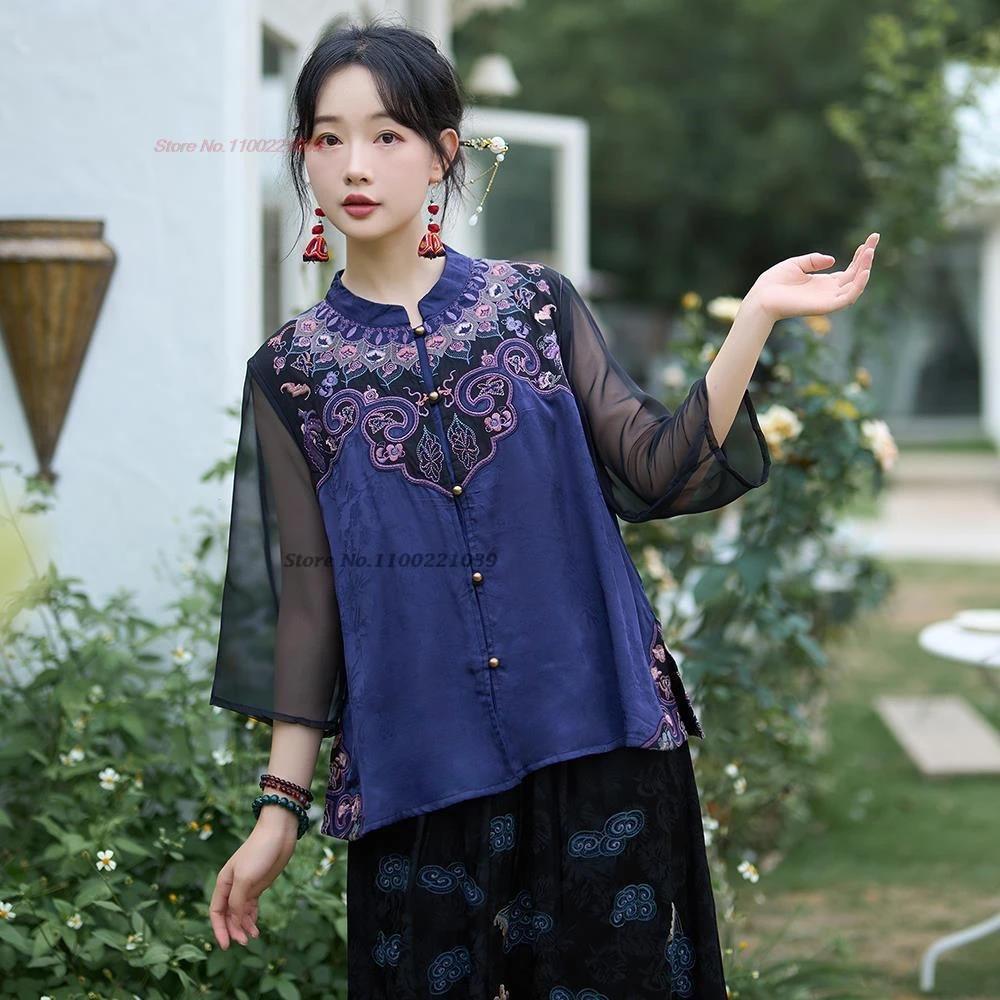 

2025 chinese vintage blouse national flower embroidery tang suit ethnic satin jacquard patchwork blouse oriental mesh blouse