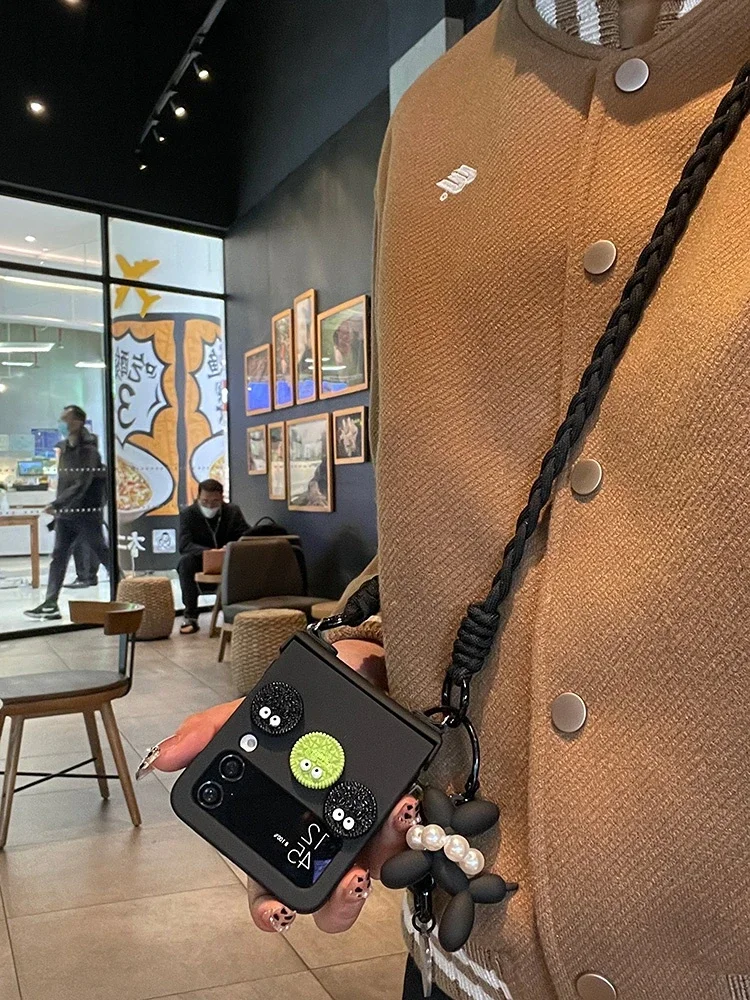 Luxury Fashion Cookies Crossbody Lanyard Hinge Phone case For Samsung Galaxy Z Flip 7 6 5 4 3 5G Cute Dog Pendant Folding Cover
