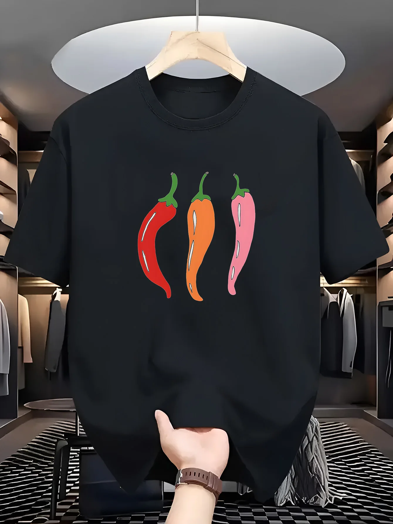 Men Navy Blue Crew Neck Tee Three Colorful Red Orange Pink Chili Pepper Simple Cartoon Vegetable Minimal Casual Cotton Tops