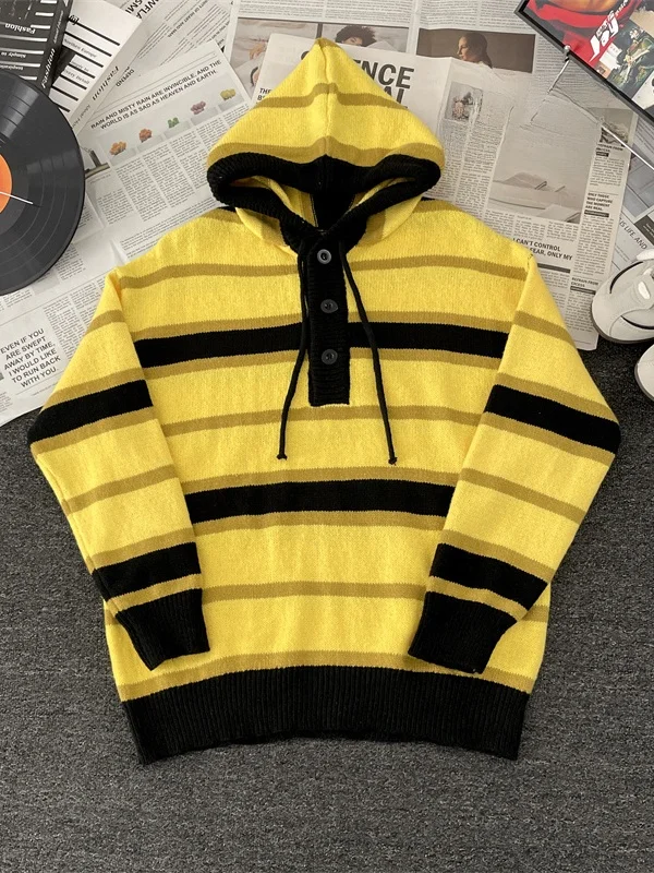 

Мужской повседневный вязаный свитер-худи в полоску с цветными блоками, свободного кроя, с поясом, удобный, в американском стиле, для весны и осени