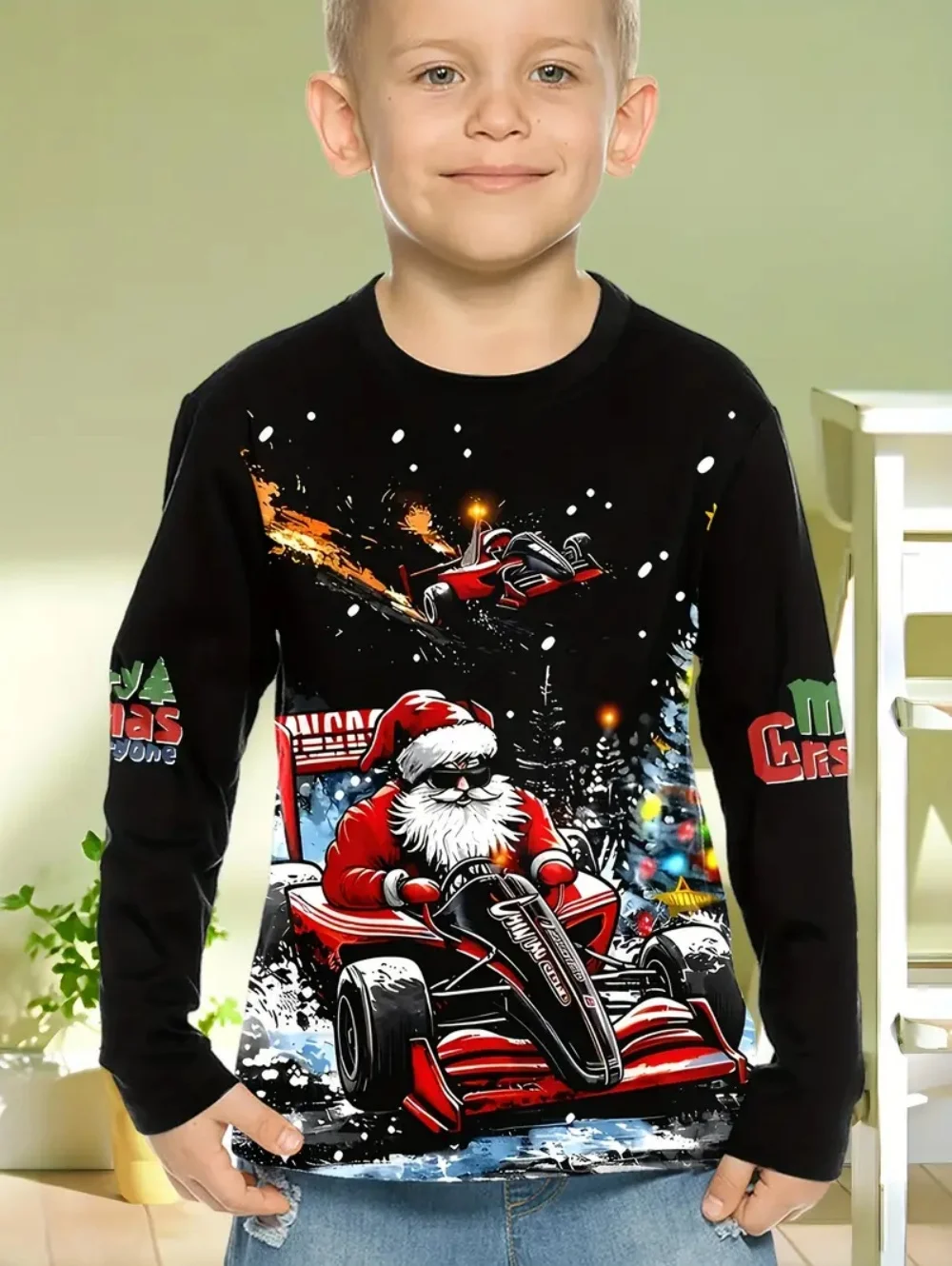 

Christmas Children's T-Shirt Fashion Pattern Print Boy Long Sleeve Tee Cute O-Neck Unisex Top Holiday Casual Children's Clothing