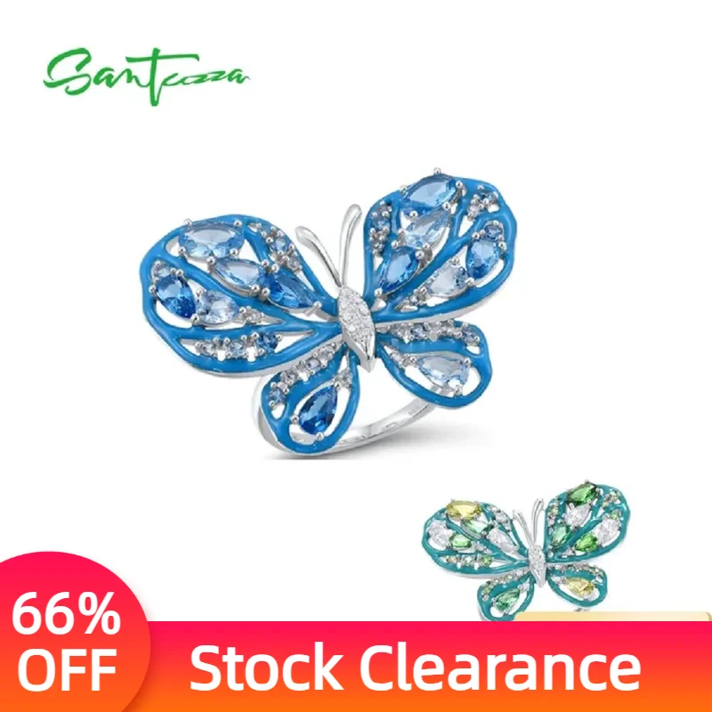 

SANTUZZA кольца из чистого серебра 925 пробы для женщин, великолепное зелено-синее кольцо с эмалью и бабочкой ручной работы, уникальные ювелирные изделия