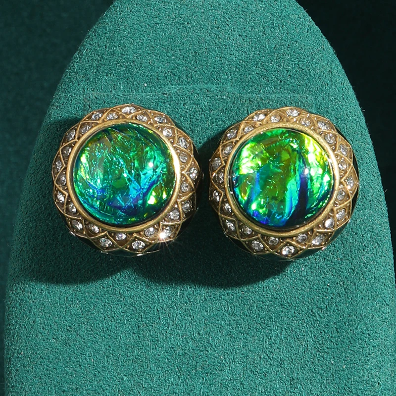 

Vintage Green Opal Earrings Natural Stone Abalone Shell Rhinestones Round Gold Color Woman Accessory Luxury Designer Jewelry