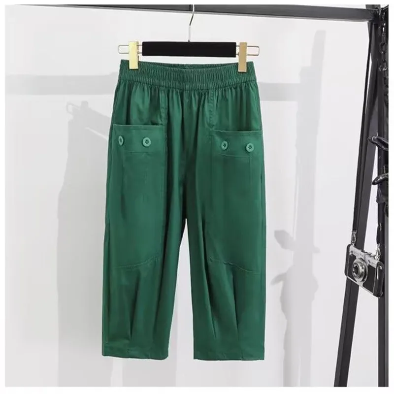 New Summer Thin Ice Silk Cotton Harem Pants Female Slim Joker Cropped Pants Women Elastic Waist Fashion High Waist Trousers Lady