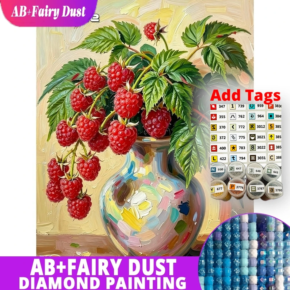 AB Fairy Dust Full Square Round Diamond Mosaic Raspberry Still Life Vase Fruit DIY Painting Embroidery Wall Art Home Decor Gift