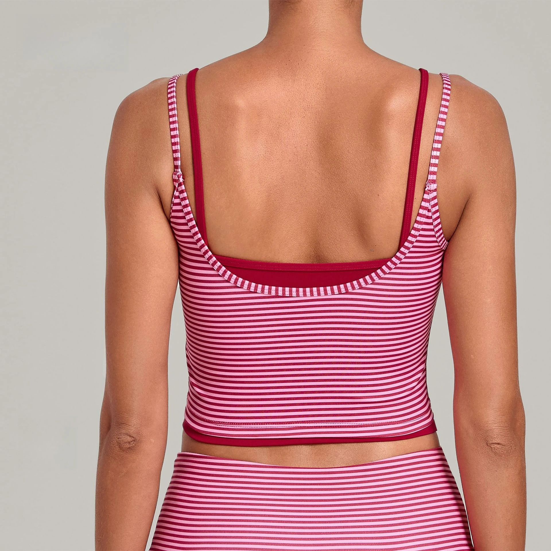 Vintage Print Color Block Striped Sports Top Halter Neck Faux Two-piece Cinched Waist Shaping Plus Size No Pad Yoga Tank Top
