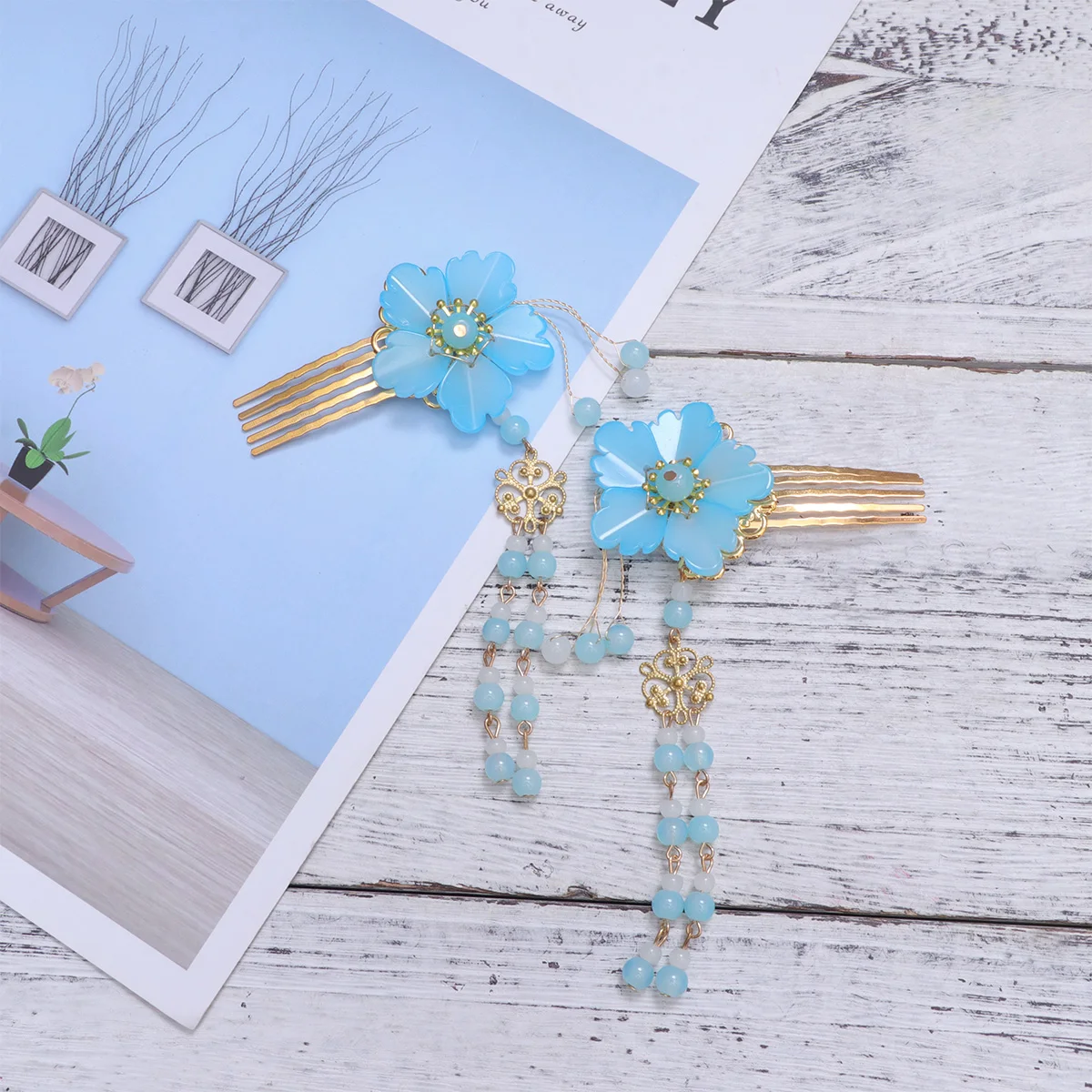 

2 pcs Hanfu Hairpins Handmade Tassel Comb Headdress Ancient Costume Accessories Women Long Hair Elegant Style Traditional