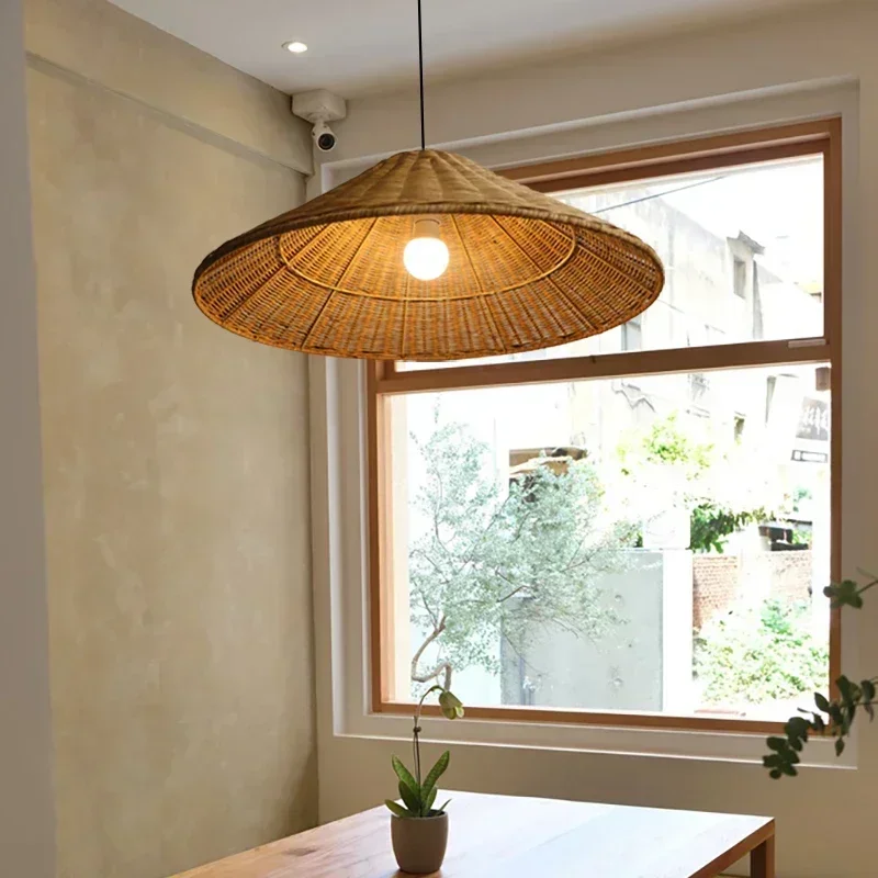 Japanese-style‌ Vintage Taper Hand Knitted Rattan Ceiling Pendant Lights Living Room Kitchen Island Bedroom Study Hanging Lamps