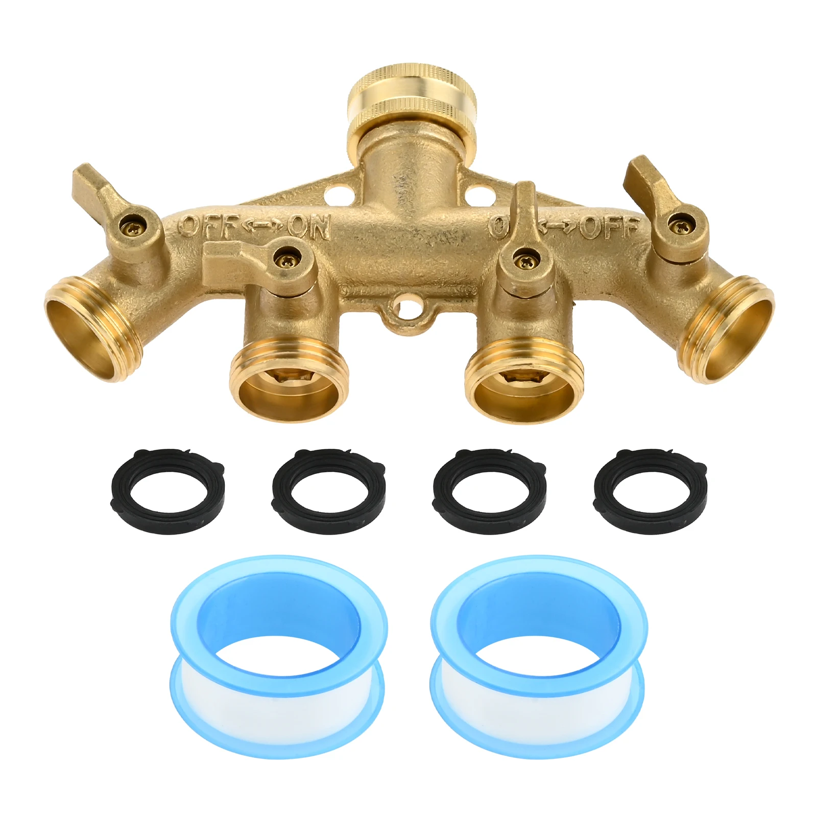 

3/4" Brass Garden Faucet Hose Manifold Valves w/ 6 Rubber Washers &Waterproof Tape Outdoor Heavy Duty Tap Hose Connector Adapter