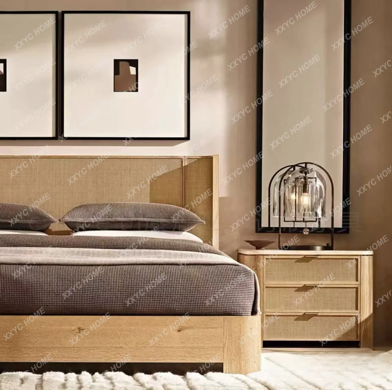 Country solid wood bedside table rattan drawer side cabinet bedroom storage bedside cabinet whole house furniture