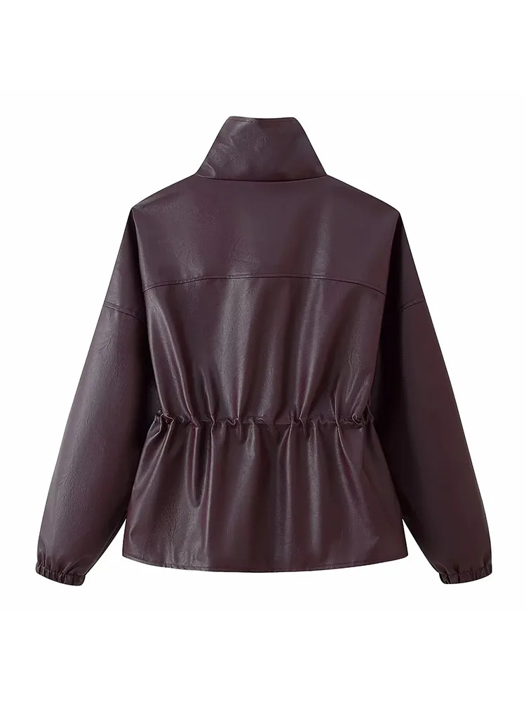 여성 가을 겨울 가죽 패션 벨트 지퍼 재킷 여성 스탠드 칼라 긴팔 포켓 오토바이 코트 스트리트 여성 상의