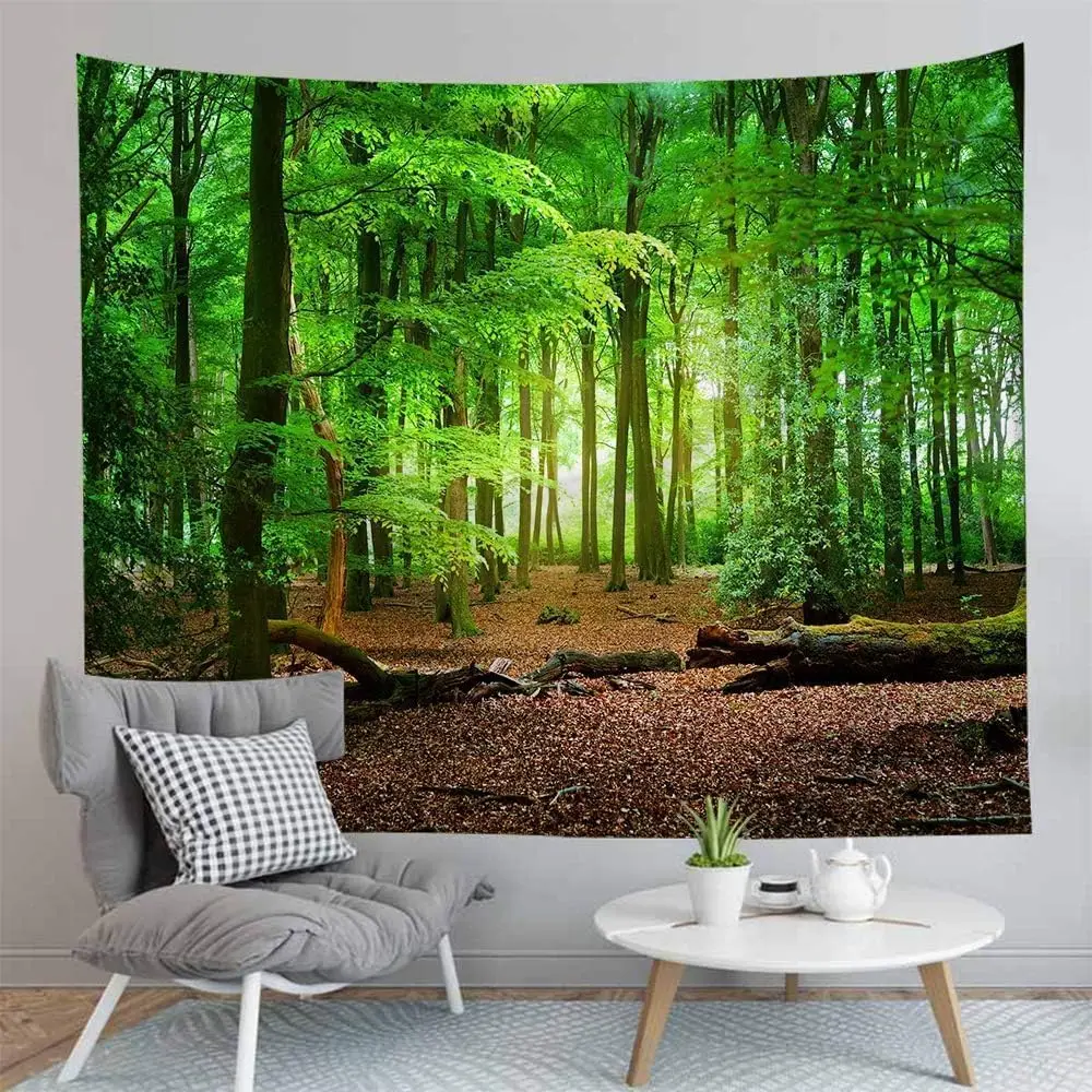 Enchanted Woodland Misty Forest Tapestry Wall Hanging Nature Landscape Tapestry Sunshine Through Tree Tapestries for Bedroom