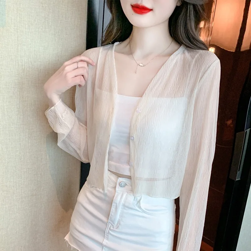 

Белый летний топ-кардиган из ледяного шелка с бретельками для женщин, корейский стиль, V-образный вырез, свободный крой