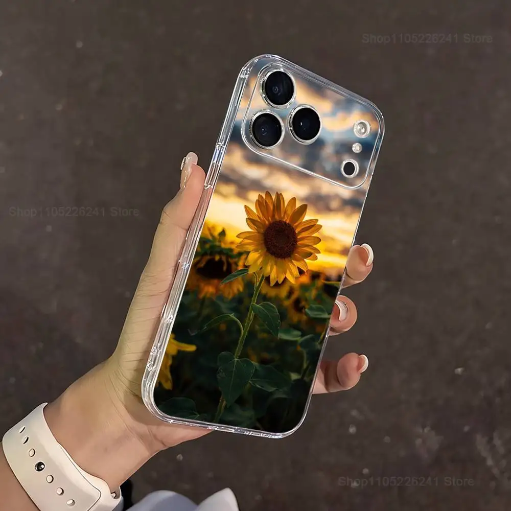 Botanische kunst zonnebloem voor iPhone 16,13,12,11,17,14,15,Pro,Max,Plus,X,XS,XR,SE,Mini transparant zacht siliconen hoesje