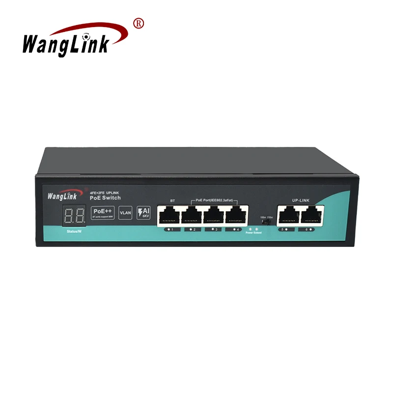 10/100Mbps 6 Port AI PoE Switch 4 PoE+ with 1 PoE++ 60W 2 Uplink 120W Digital Display VLAN Metal Surveillance