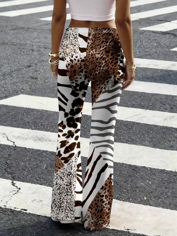 Zebra Print Bell Bottom Pants for Women Casual Year-Round Wear Ladies Trousers for Daily Fashion