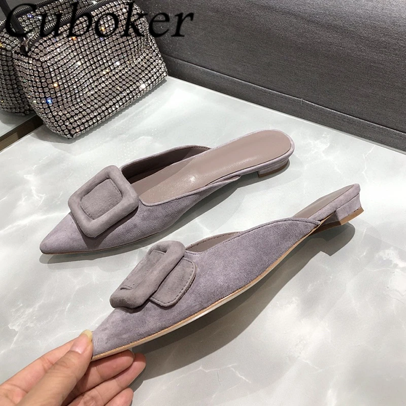 2024 Summer Pointed Wrap Toe Suede Leather Flat Slippers For Women Elegant Square Buckle Mules Fashion Dress Slides Shoes Ladies