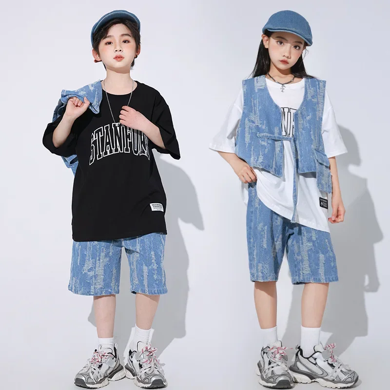 Costumes de danse Jazz pour garçons, t-shirt ample, gilet en Denim, short, costume pour filles, vêtements de danse Hip Hop Rave, ensemble de vêtements de spectacle sur scène de groupe, nouvelle collection