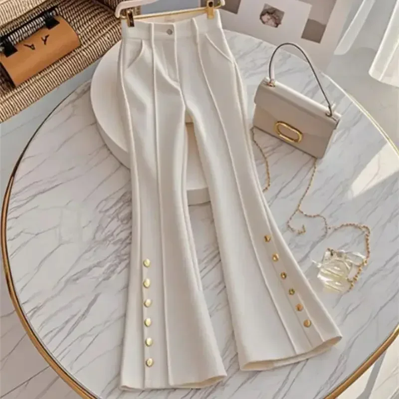 New Luxury Slim Women\'s Pants High End Fashion Design Buttons Elegant White Flare Trousers High Waist Office Lady Pants Clothing