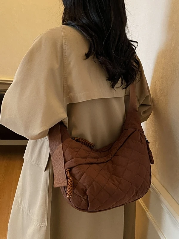 

Casual Chic Women's Crossbody Bag Diamond Pattern Dumpling Shape Large Capacity Fashionable Single Shoulder Tote for Commuting