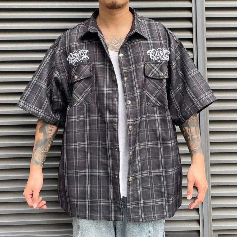 

Mens Plaid Striped Embroidered Letter Shirt Streetwear Fashion Trend Daily Casual Outdoor Youth Loose Short Sleeved Top 2026 New