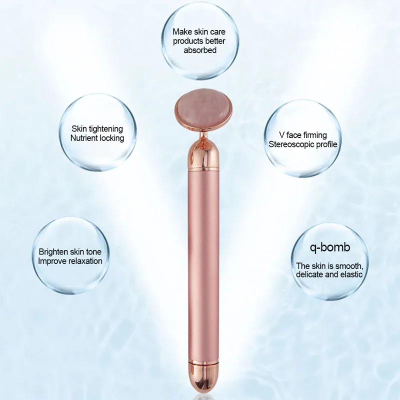 24k ouro 4-in-head massageador facial elétrico vibratório quartzo rosa 3d massageador rolo face lifting corpo facial gua sha jade rolo