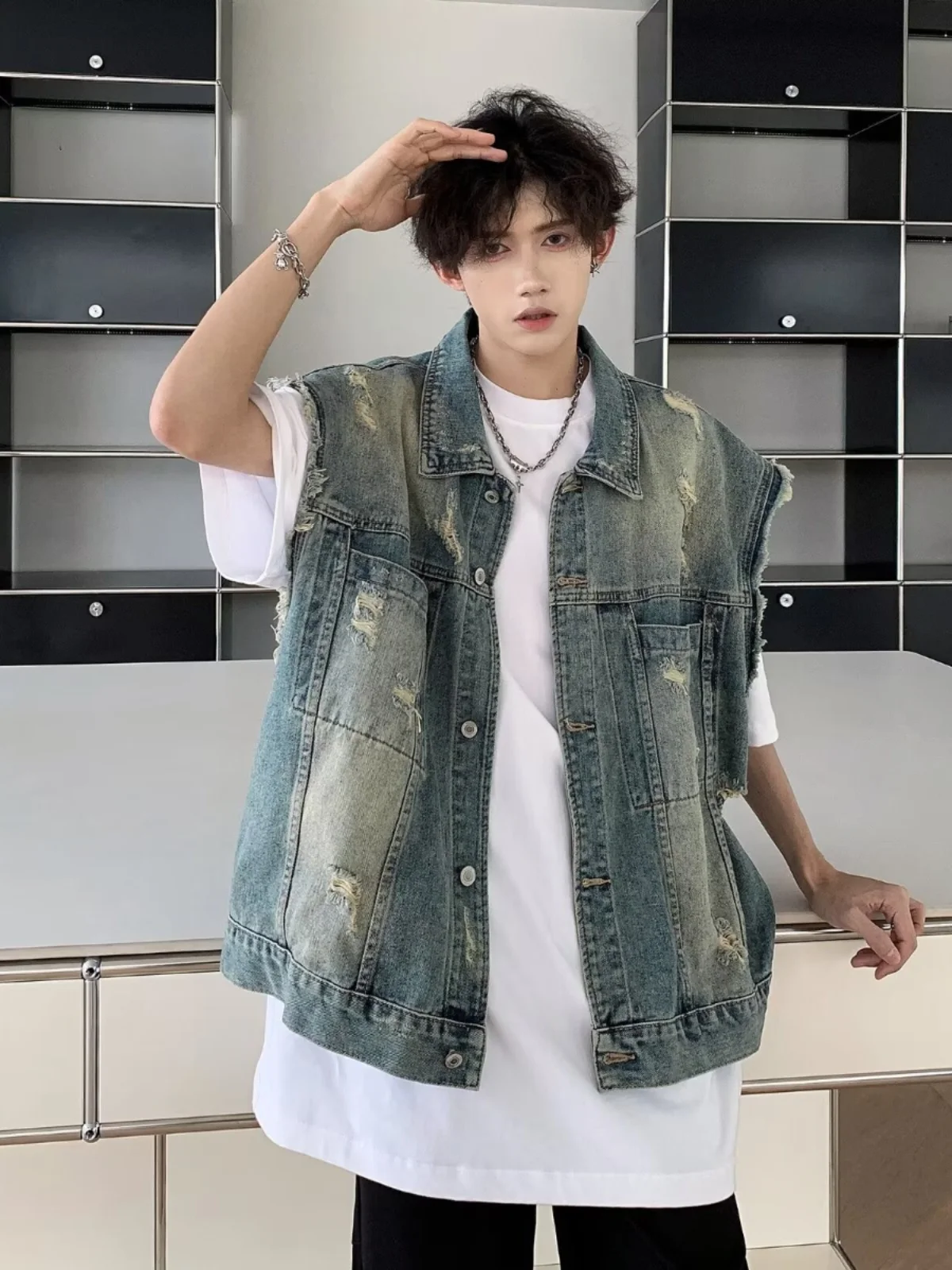 

Retro Waed Distred Design Denim Vest Men's Jaet Outerwear Summer Trendy Cool oulder Top Loose Fit Youth ular