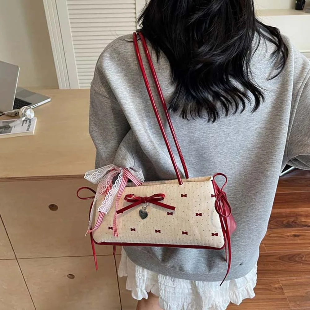 

All-match Sweet French Stick Handbag Lace Ribbon Large Capacity Bow PU Shoulder Bag Texture Korean Style Underarm Bags Work