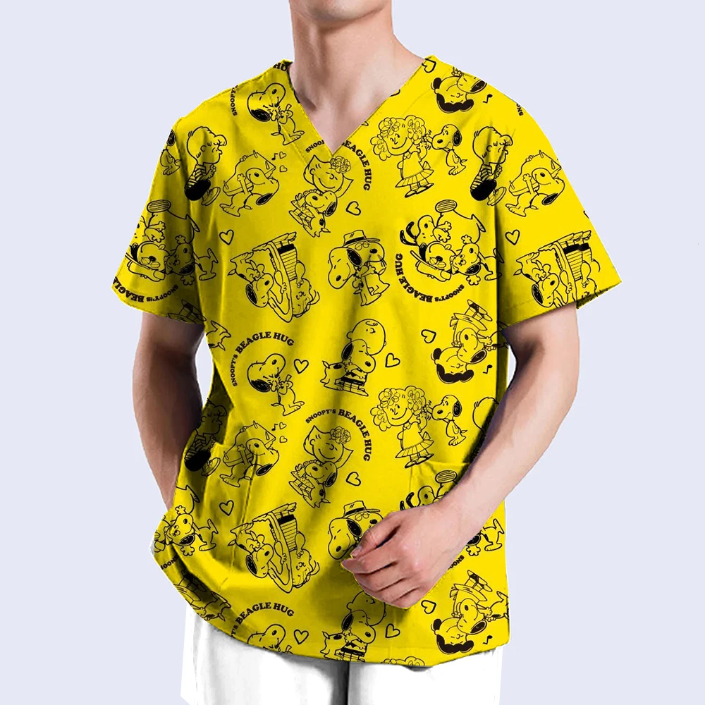 Cartoon Pflege Scrubs Tops Krankenschwester Uniform Snoopy Print T-shirt ERDNÜSSE Mann Frauen Mode V-ausschnitt Tasche Medizinische Arbeitskleidung y2k top