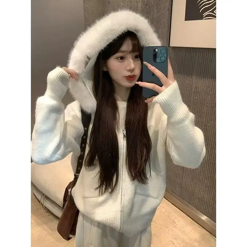 Coat Korean Style Commuter Office Worker Retro Gentle Fur Collar Hooded Sweater Autumn and Winter Soft Knitted Cardigan Coat